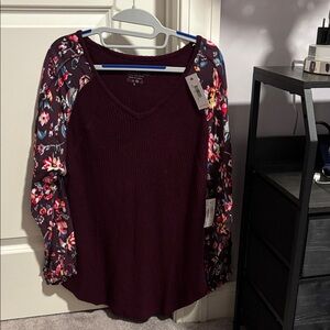 Vera Bradley Burgundy Top with Floral Sleeves